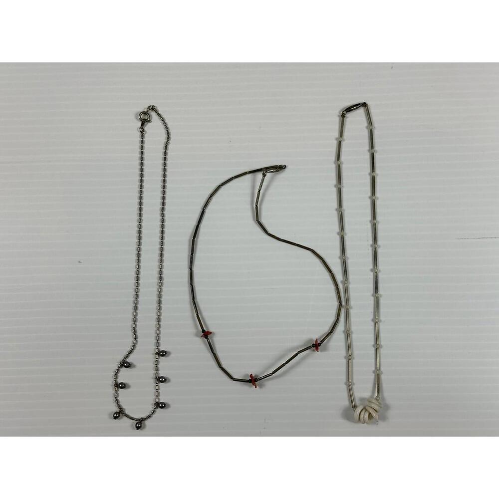 3-Vintage Native American Silver Color Beaded‎ Necklace 16 In